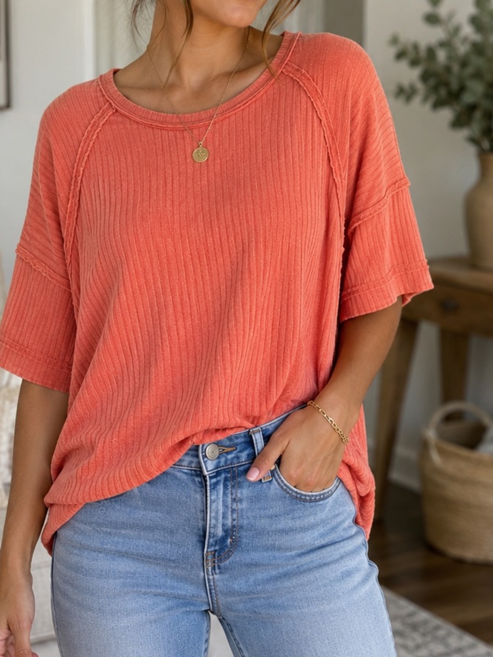 NWT Women’s Relaxed Ribbed Short-Sleeve Top in Coral